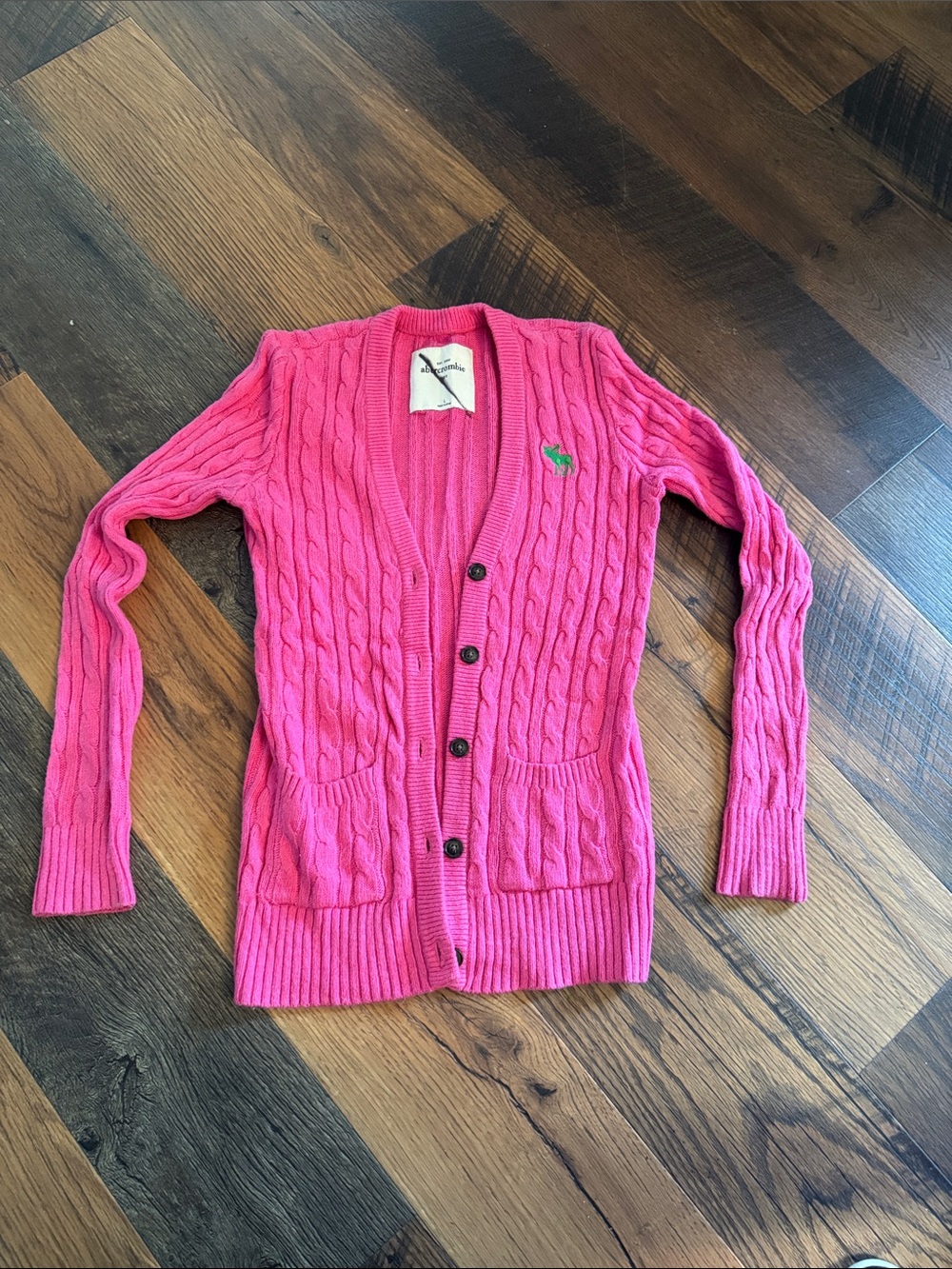 Abercrombie Kids Hot Pink Cable Knit Cardigan with Green Embroidered Logo